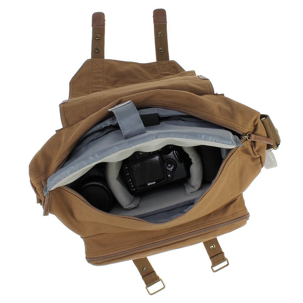 Evecase Large Canvas Messenger DSLR Digital Camera Bag - Brown