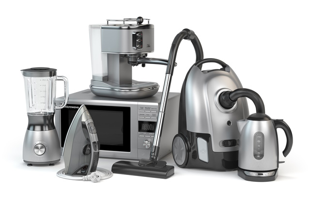 Home appliances. Set of household kitchen technics isolated on white background. Microwave oven, vacuum cleaner, iron blender and teapot. 3d illustration