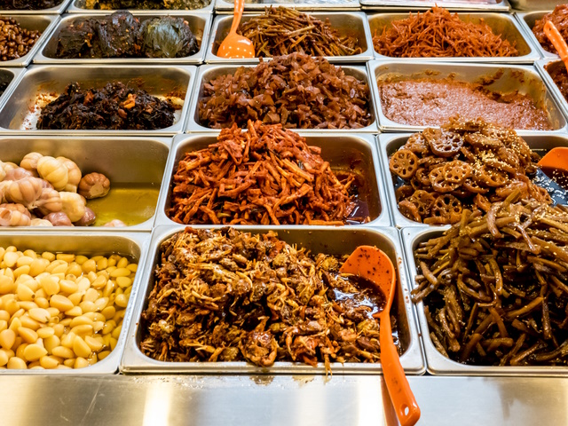 Assorted of traditional Korean fermented food on the counter in Gwangjang Market. Seoul, South Korea.